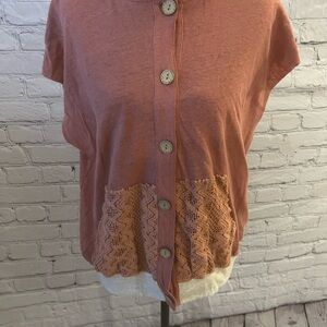 POL Women's Button-Down Shirt in Soft Pink with Lace Accents